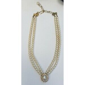 Pearl Necklace Double Strand Rhinestone Pendant Vintage Winter Wedding Bride